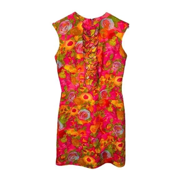 Vintage 60s Handmade Floral Sleeveless Dress 4 Small Hot Pink Ruffle Sheath - Picture 1 of 5